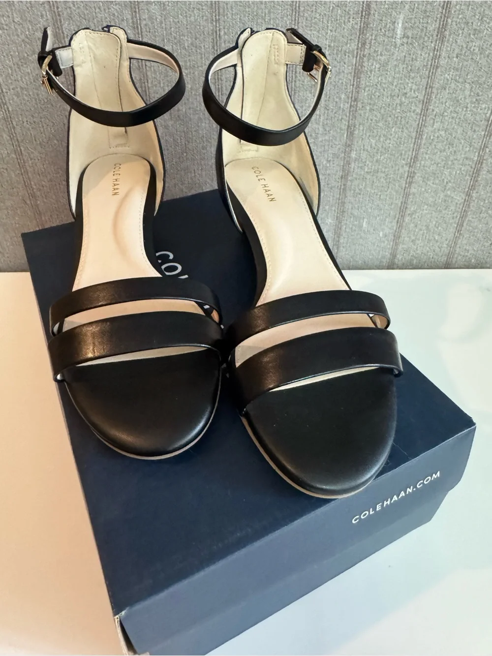 Size 7 Cole Haan Abriella Leather Wedge Sandals, W19578 Black